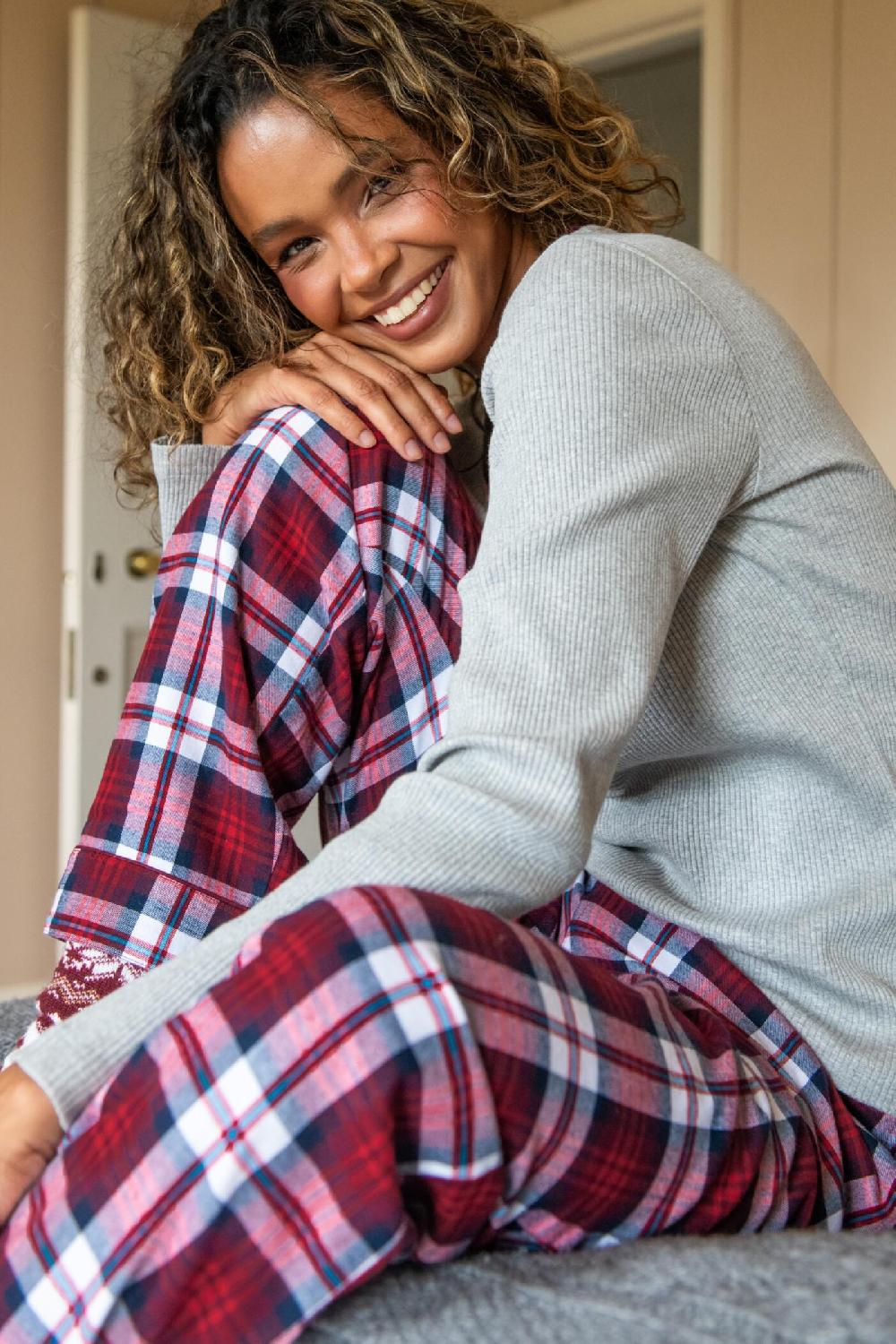 Pour Moi Rib Jersey Lace Trim Henley Top And Check Trouser Pyjama Set - Navy/Red/White