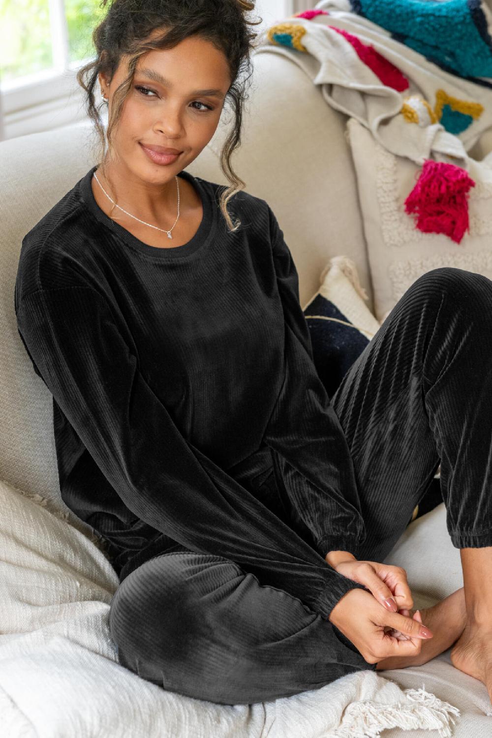 Pour Moi Ribbed Cosy Fleece Lounge Pyjama Set - Black
