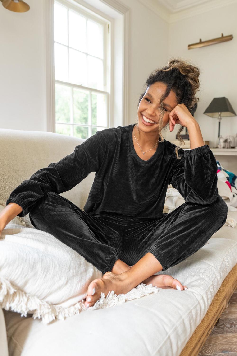 pour moi Ribbed Cosy Fleece Lounge Pyjama Set - Black