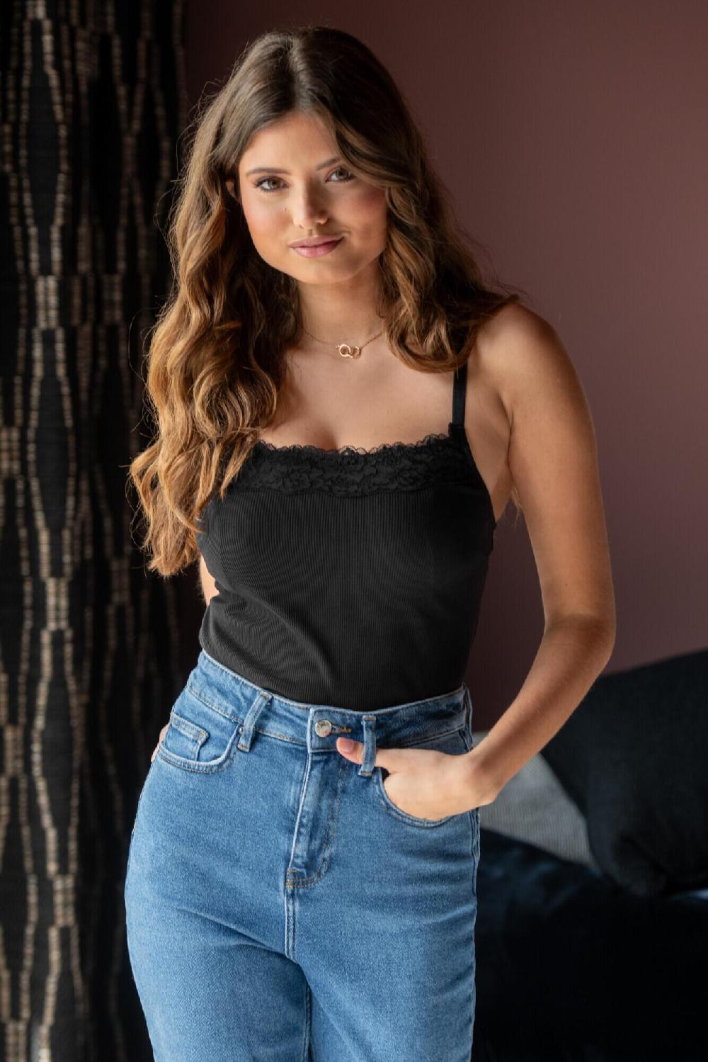 Pour Moi Ribbed Cotton Lace Trim Hidden Bra Cami Top - Black