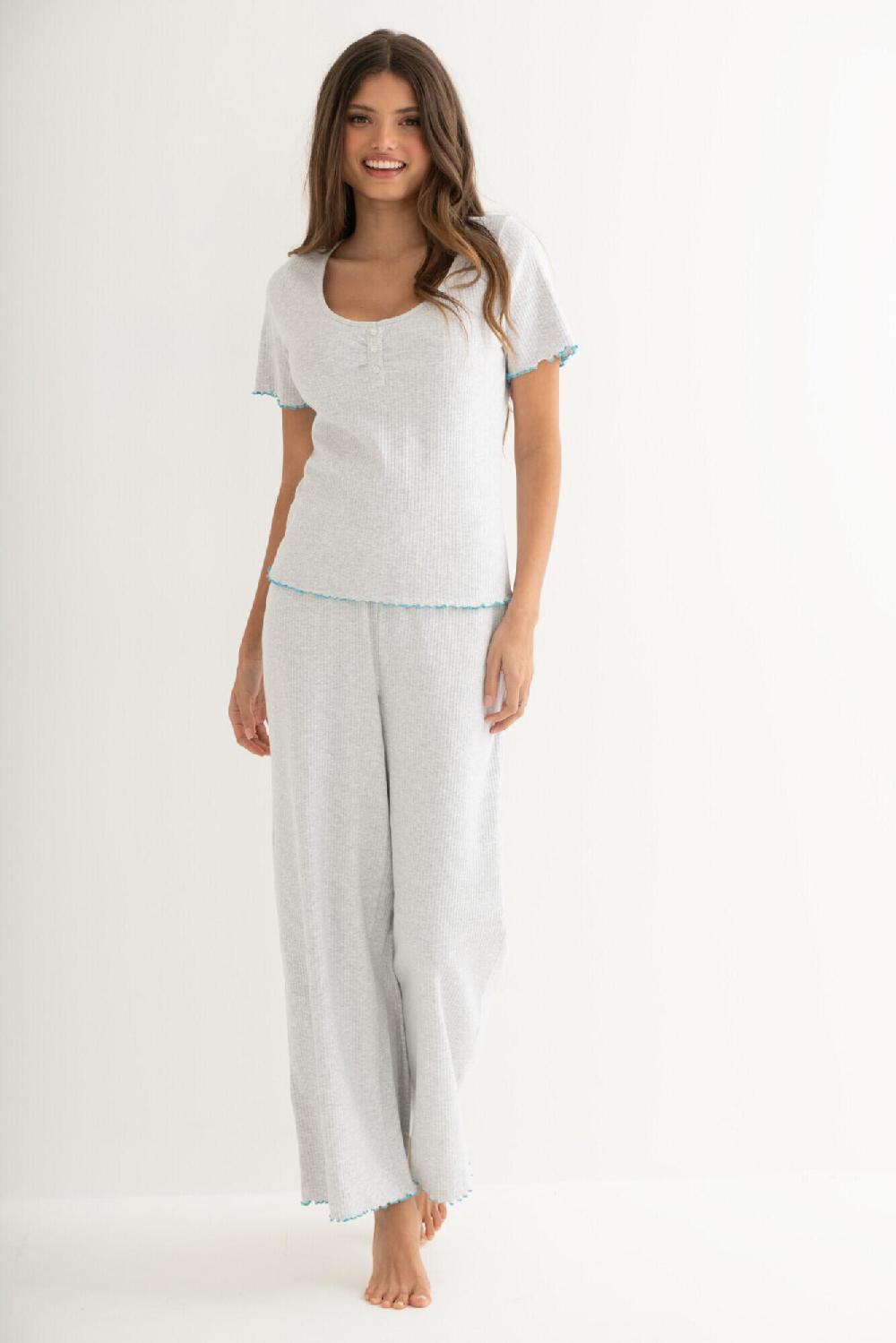 Pour Moi Ribbed Jersey Baby Overlock Pyjama Set - Grey/Aqua