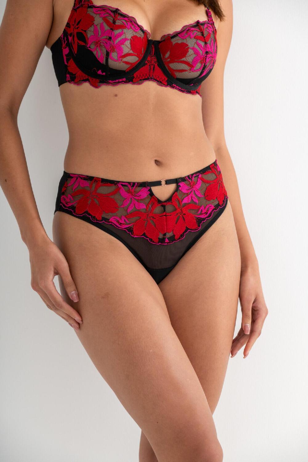 Pour Moi Roxanne Embroidered High Leg Mesh Brief - Black/Red/Pink