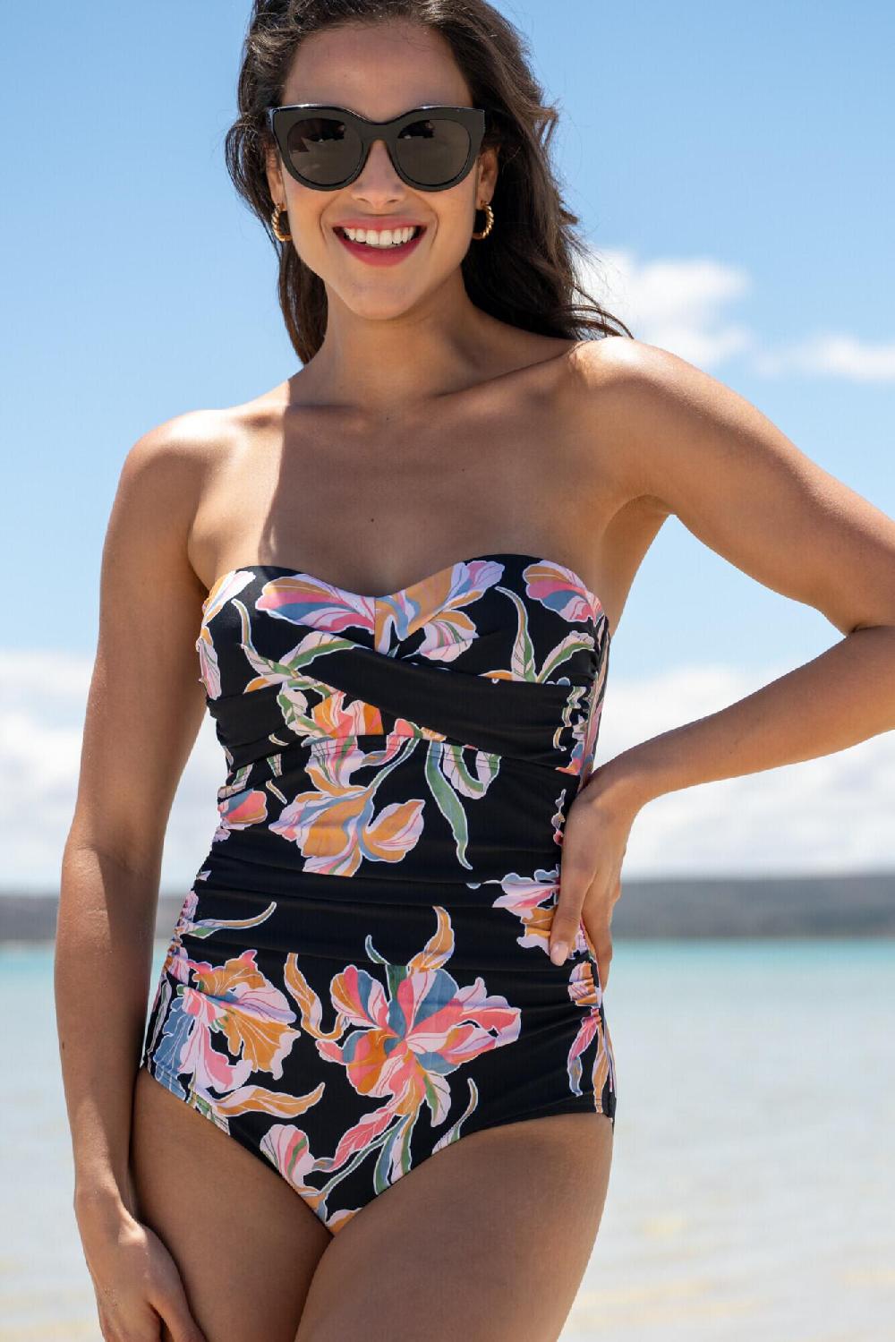 Pour Moi Santa Monica Strapless Tummy Control Swimsuit - Black Floral