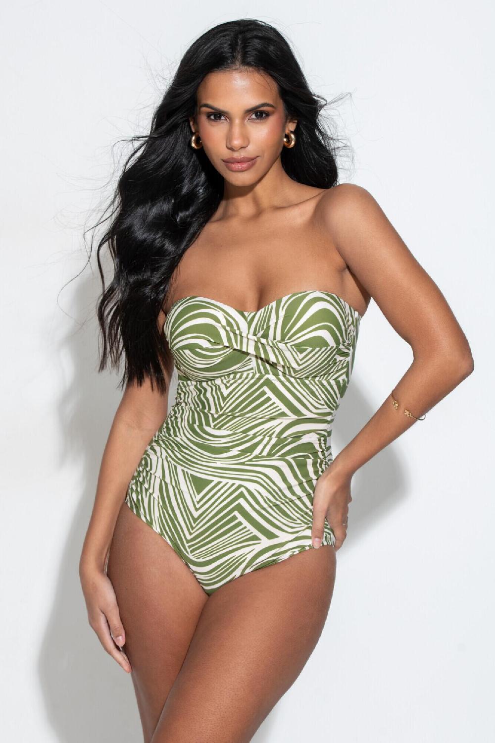 Pour Moi Santa Monica Strapless Tummy Control Swimsuit - Khaki Stripe
