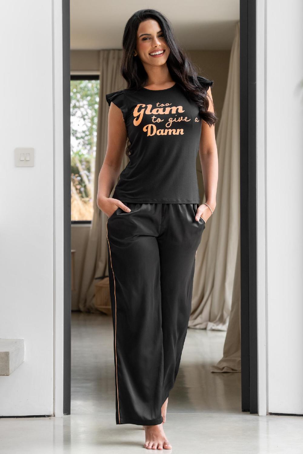 Pour Moi Satin Jersey Glam T-Shirt Pyjama Set - Black/Rose Gold