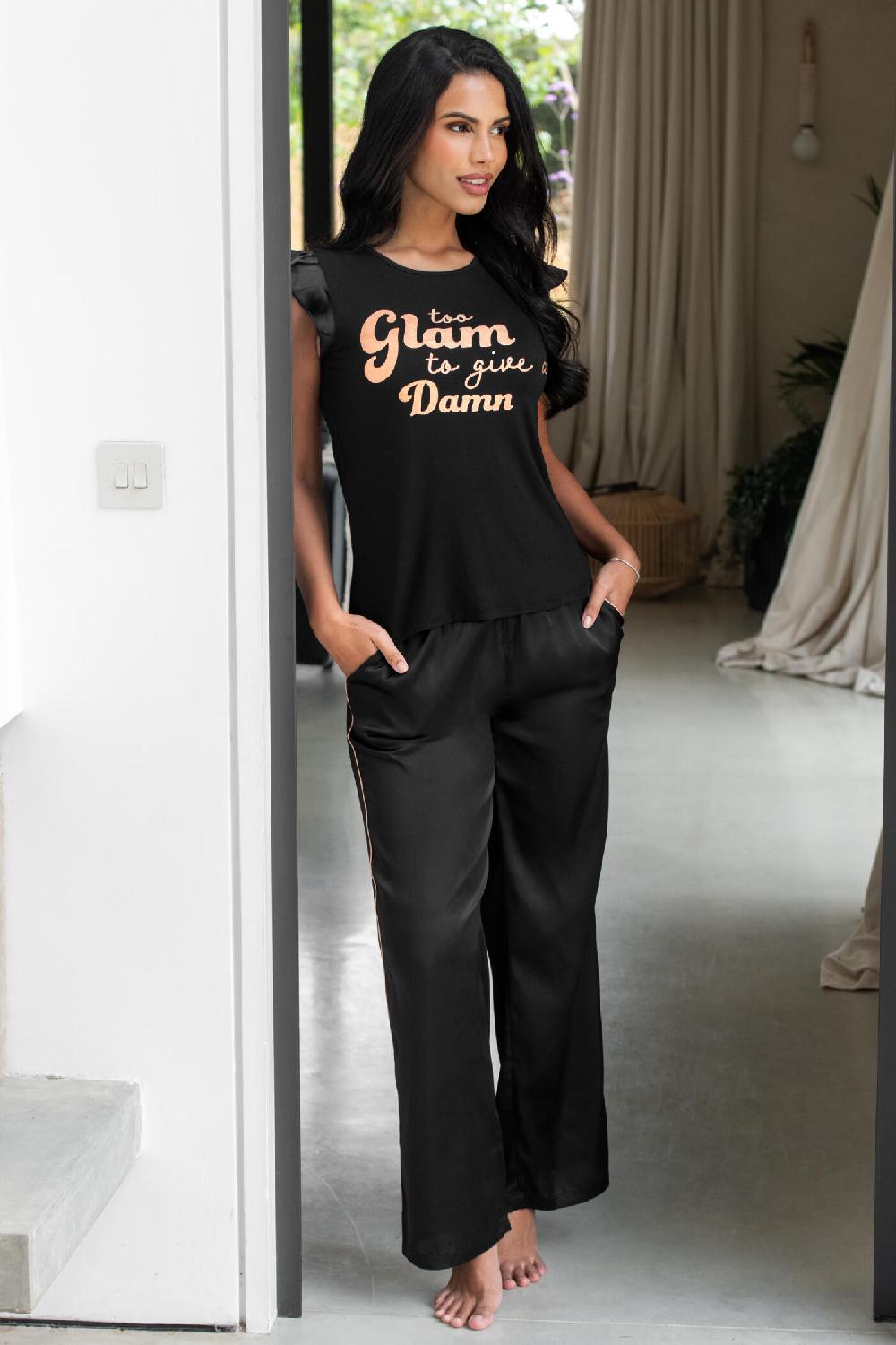 pour moi Satin Jersey Glam T-Shirt Pyjama Set - Black/Rose Gold