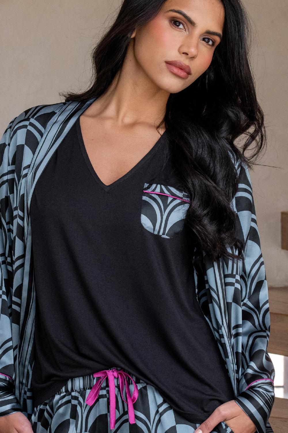 Pour Moi Satin Jersey T-Shirt Pyjama Set - Steel Blue/Black