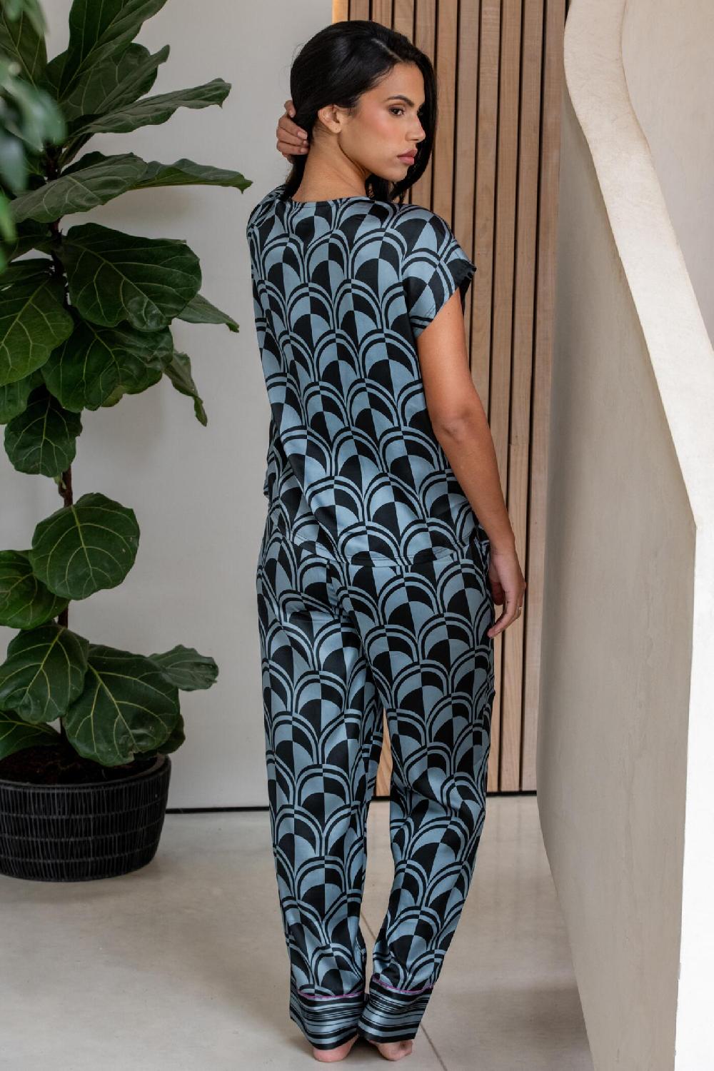 Pour Moi Satin Jersey T-Shirt Pyjama Set - Steel Blue/Black