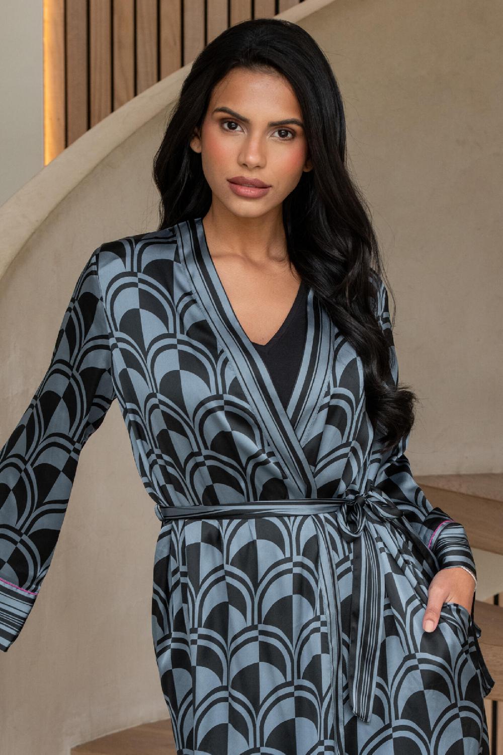 Pour Moi Satin Print Mix Midi Gown - Steel Blue/Black