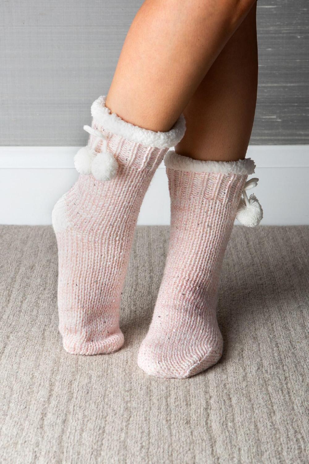 Pour Moi Sequin Chunky Knit Cosy Slipper Sock - Blush/Ivory