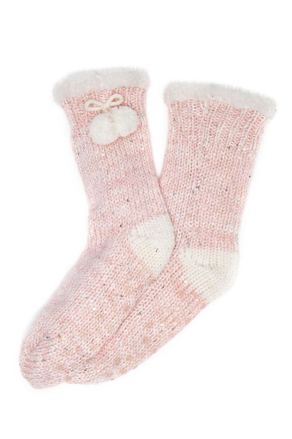 Pour Moi Sequin Chunky Knit Cosy Slipper Sock - Blush/Ivory