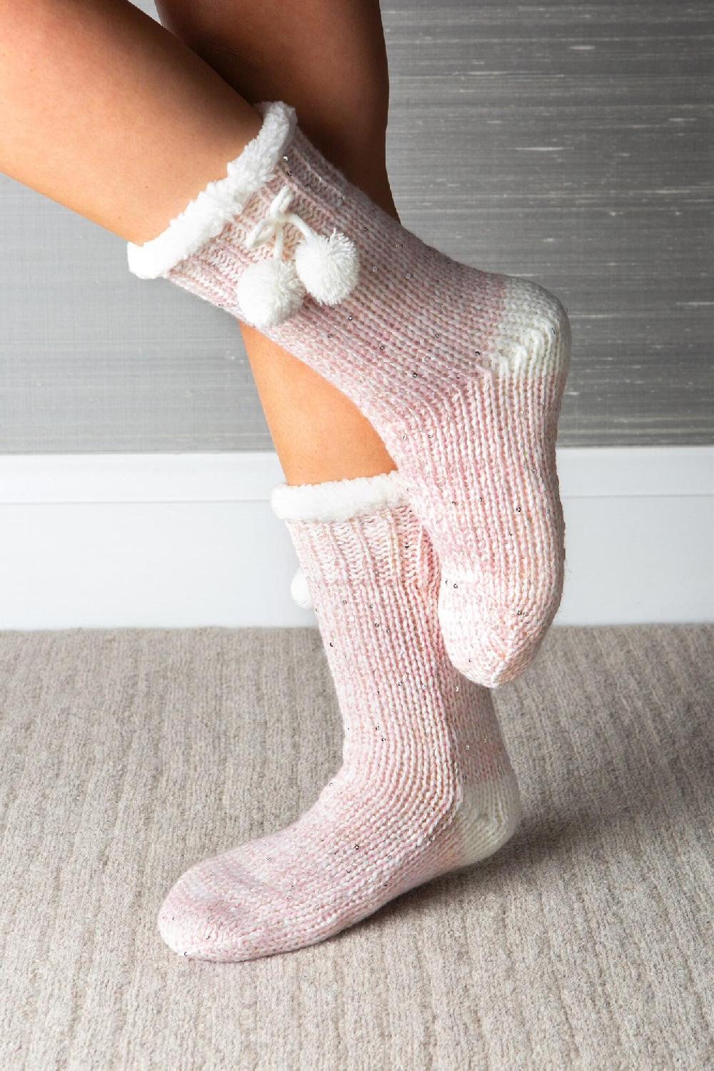 pour moi Sequin Chunky Knit Cosy Slipper Sock - Blush/Ivory