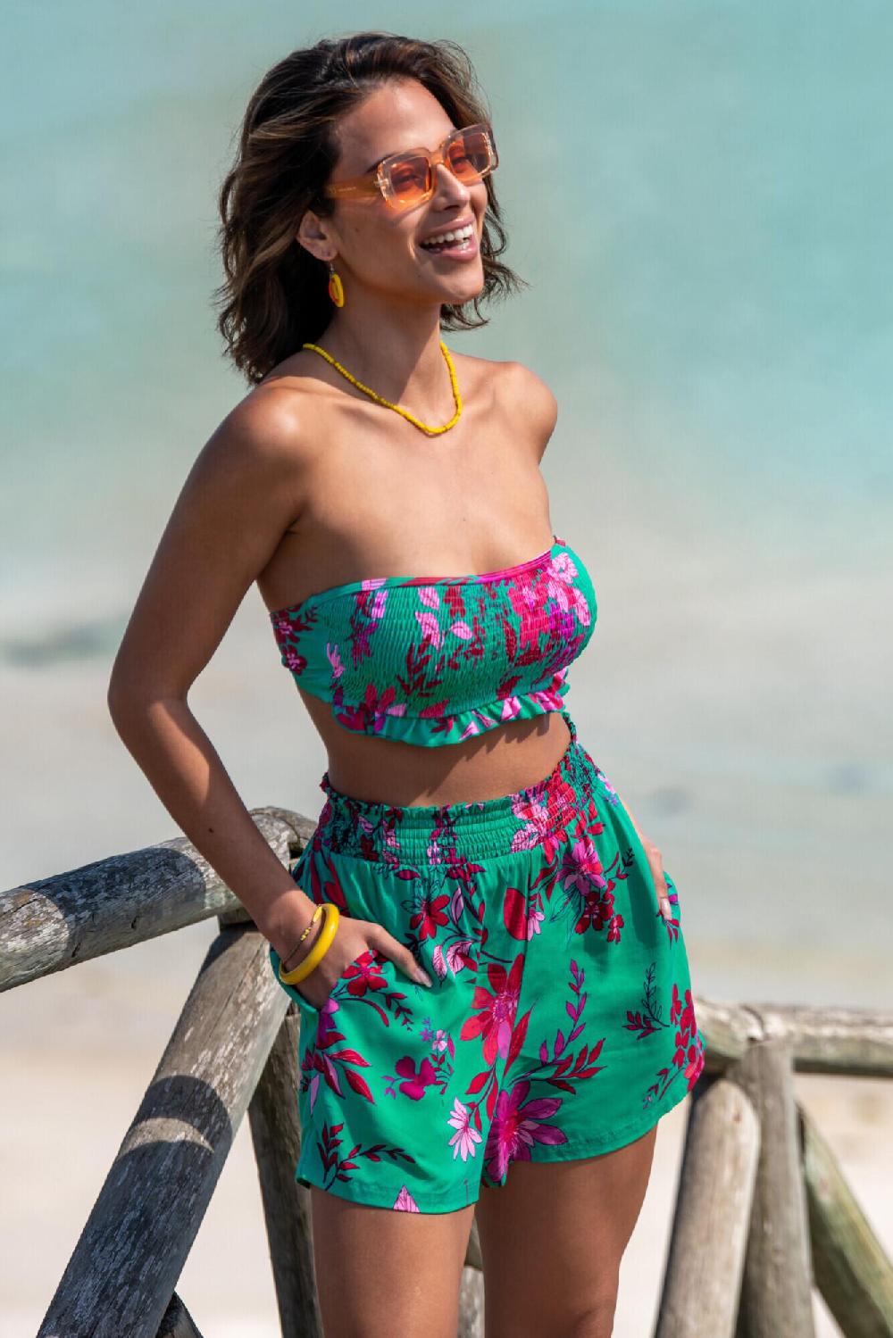 pour moi Shirred Waist Woven Beach Short - Green/Pink