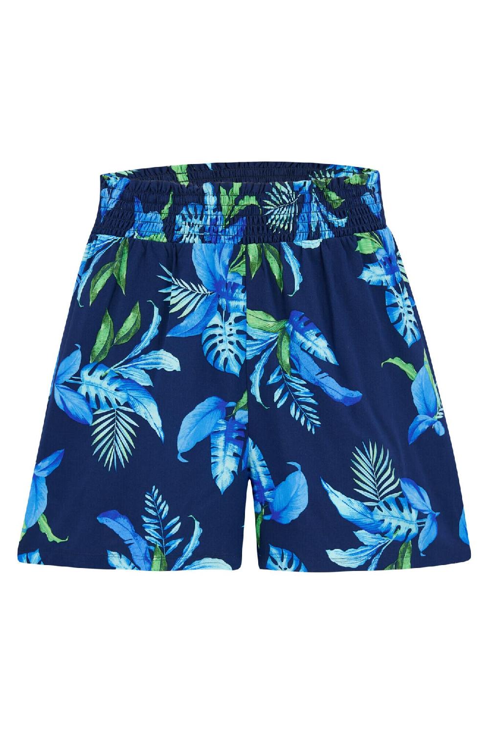 Pour Moi Shirred Waist Woven Beach Short - Navy Tropical