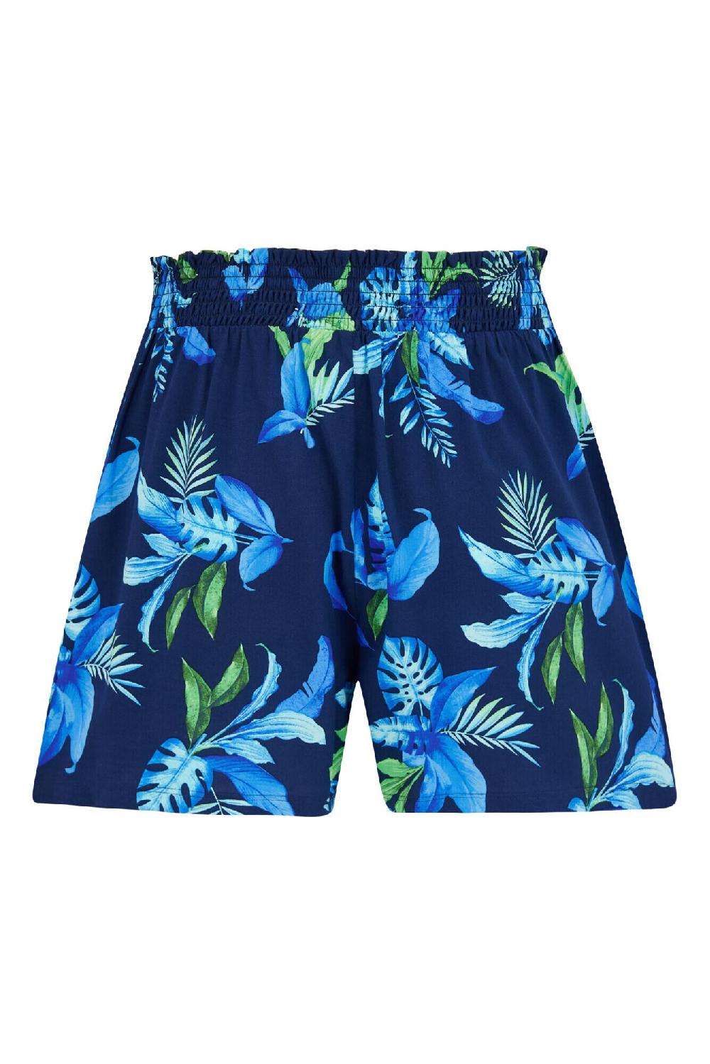Pour Moi Shirred Waist Woven Beach Short - Navy Tropical
