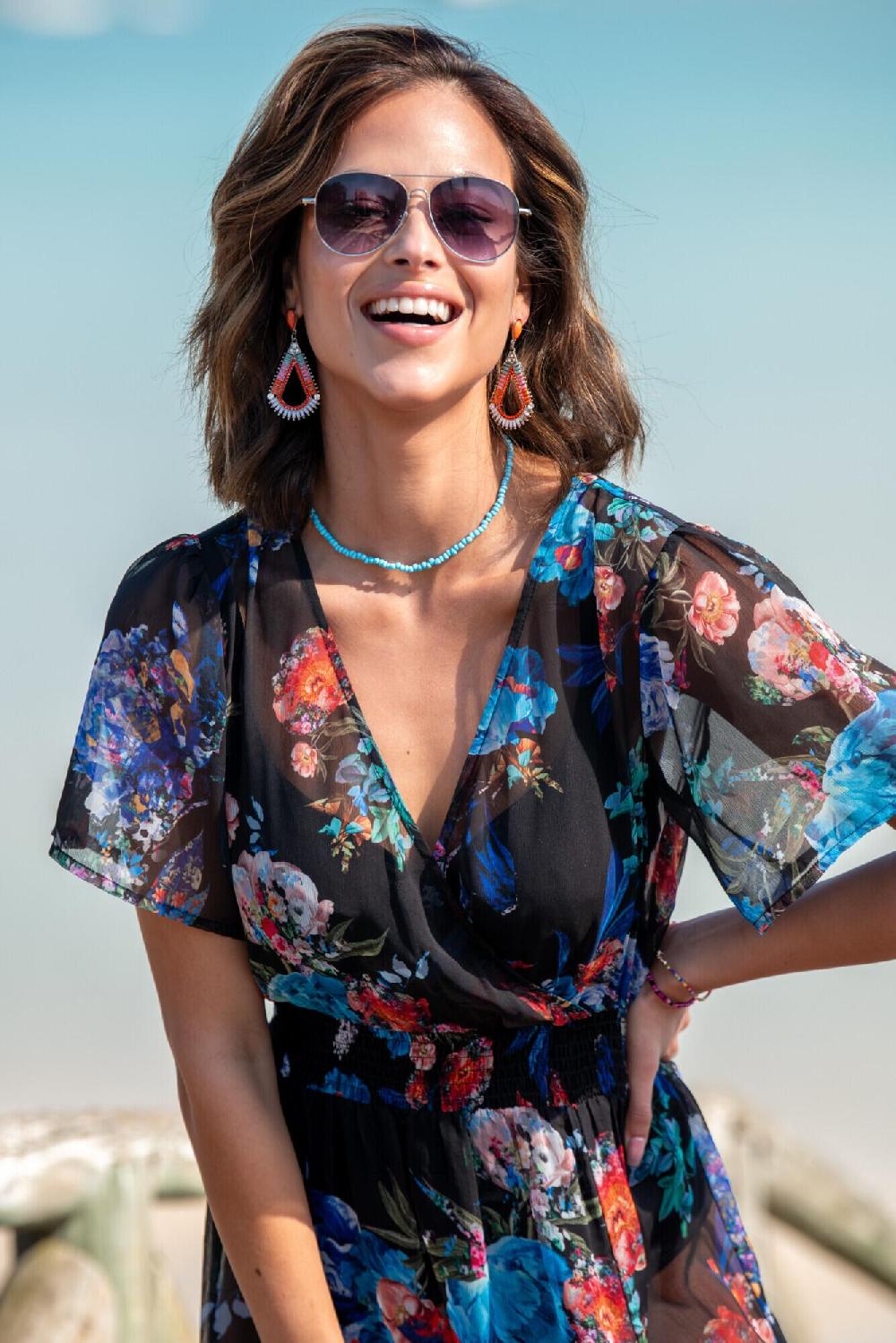 Pour Moi Short Sleeve Chiffon Wrap Maxi Kaftan - Black Floral