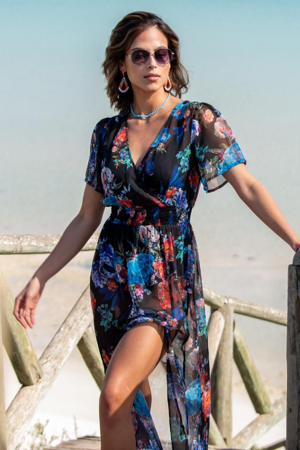 Pour Moi Short Sleeve Chiffon Wrap Maxi Kaftan - Black Floral