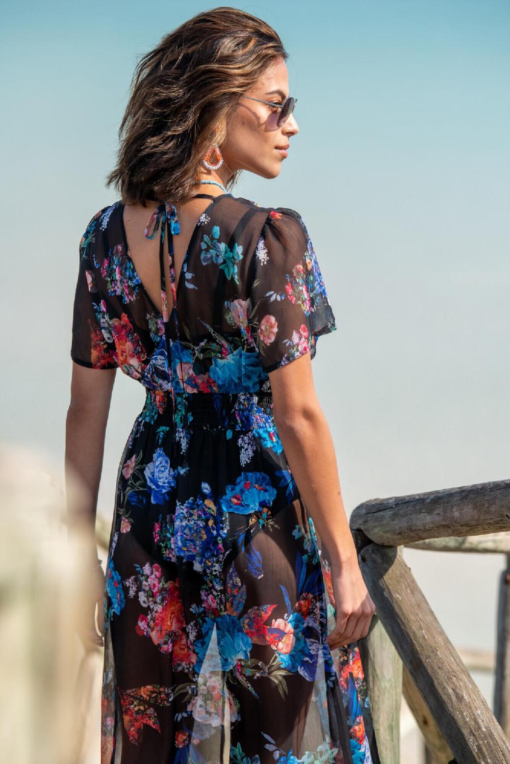 Pour Moi Short Sleeve Chiffon Wrap Maxi Kaftan - Black Floral