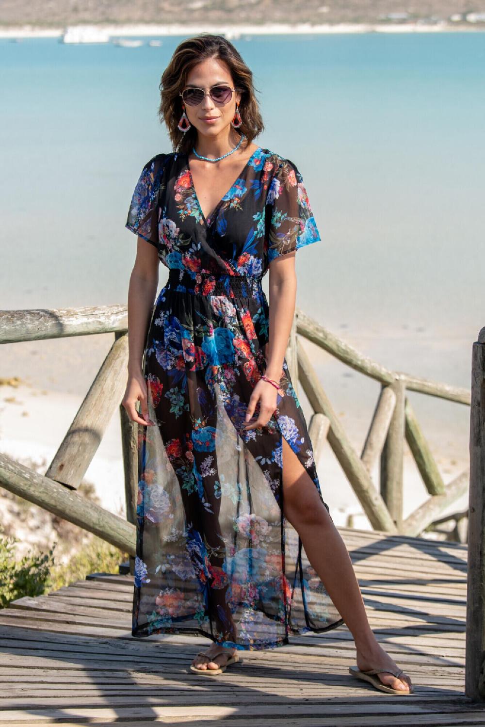 pour moi Short Sleeve Chiffon Wrap Maxi Kaftan - Black Floral