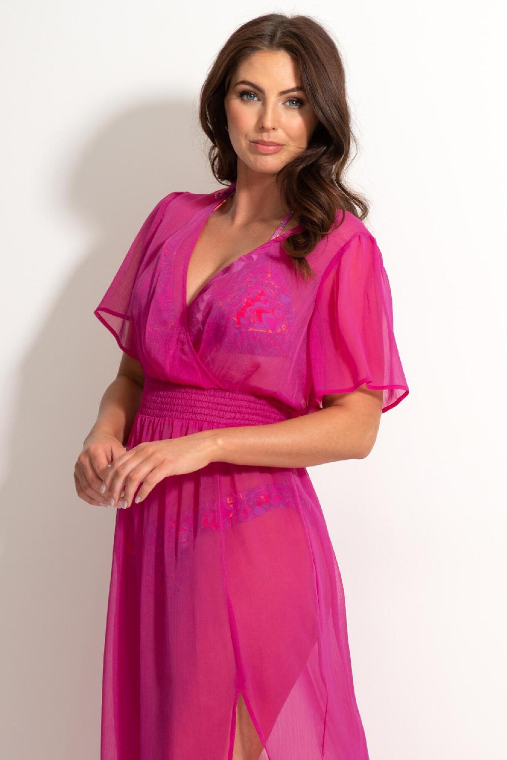 Pour Moi Short Sleeve Chiffon Wrap Maxi Kaftan - Fuchsia