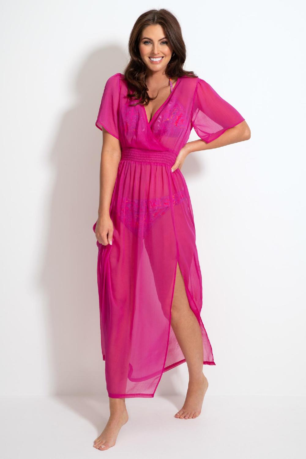 Pour Moi Short Sleeve Chiffon Wrap Maxi Kaftan - Fuchsia