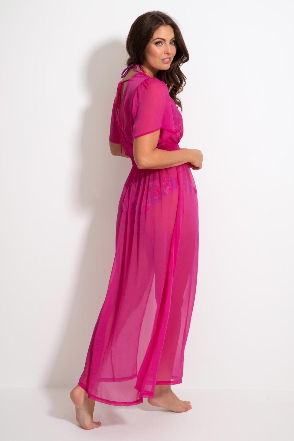 Pour Moi Short Sleeve Chiffon Wrap Maxi Kaftan - Fuchsia