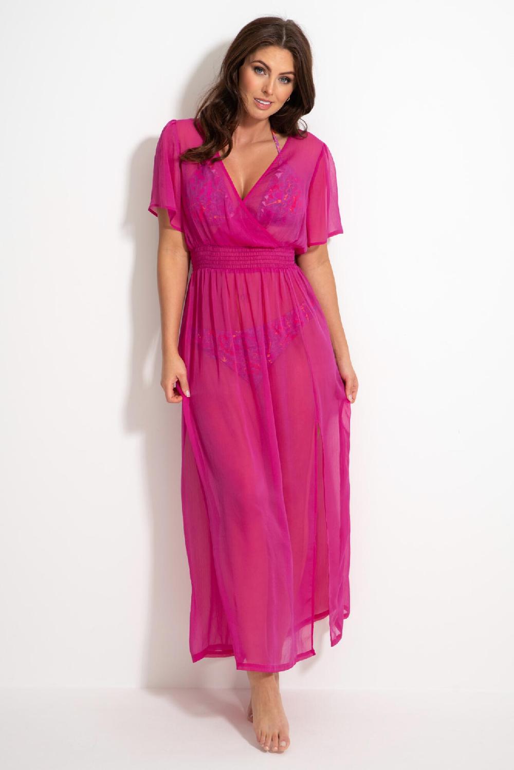 pour moi Short Sleeve Chiffon Wrap Maxi Kaftan - Fuchsia