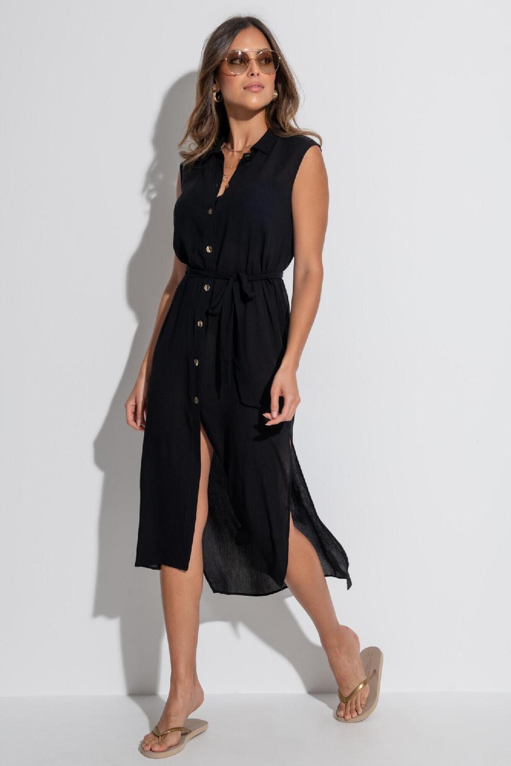 Pour Moi Sleeveless Button Up Maxi Beach Shirt Dress - Black