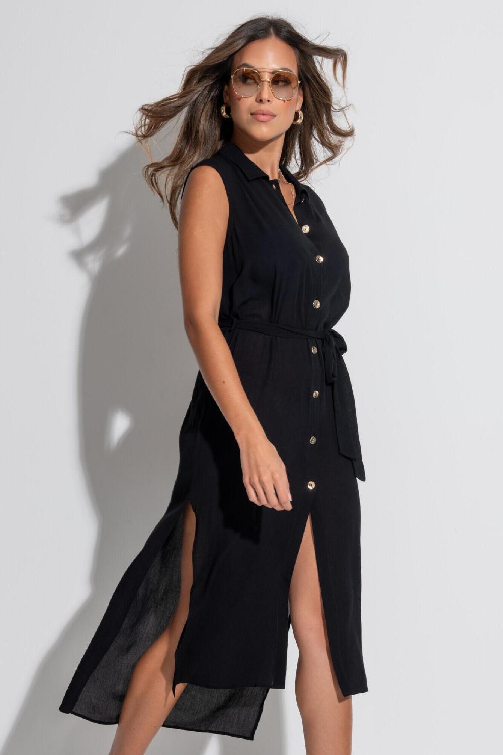 pour moi Sleeveless Button Up Maxi Beach Shirt Dress - Black