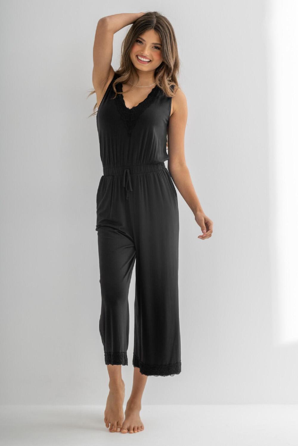 Pour Moi Sofa Loves Lace Hidden Support Cropped Wide Leg Jumpsuit - Black