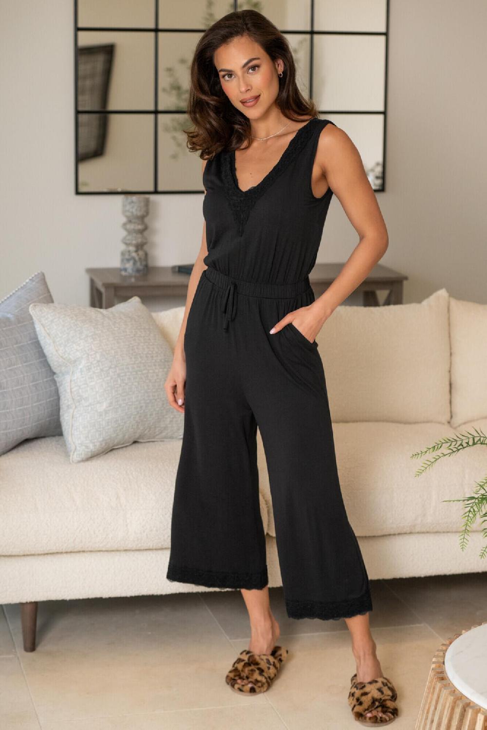 pour moi Sofa Loves Lace Hidden Support Cropped Wide Leg Jumpsuit - Black