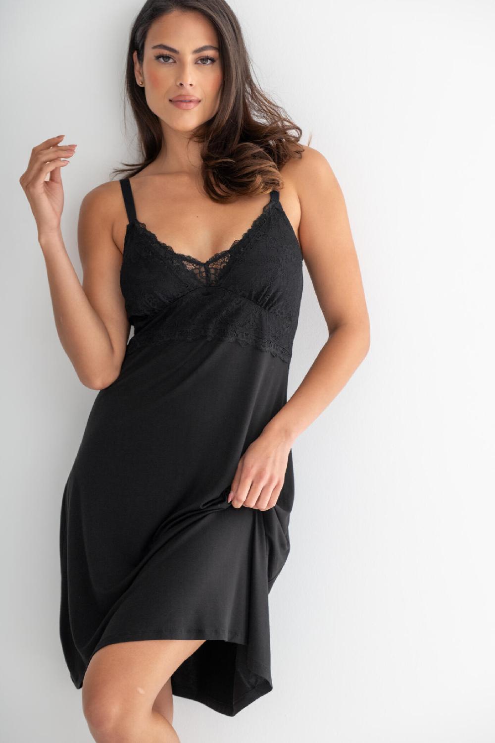 Pour Moi Sofa Loves Lace Knee Length Soft Jersey Chemise - Black