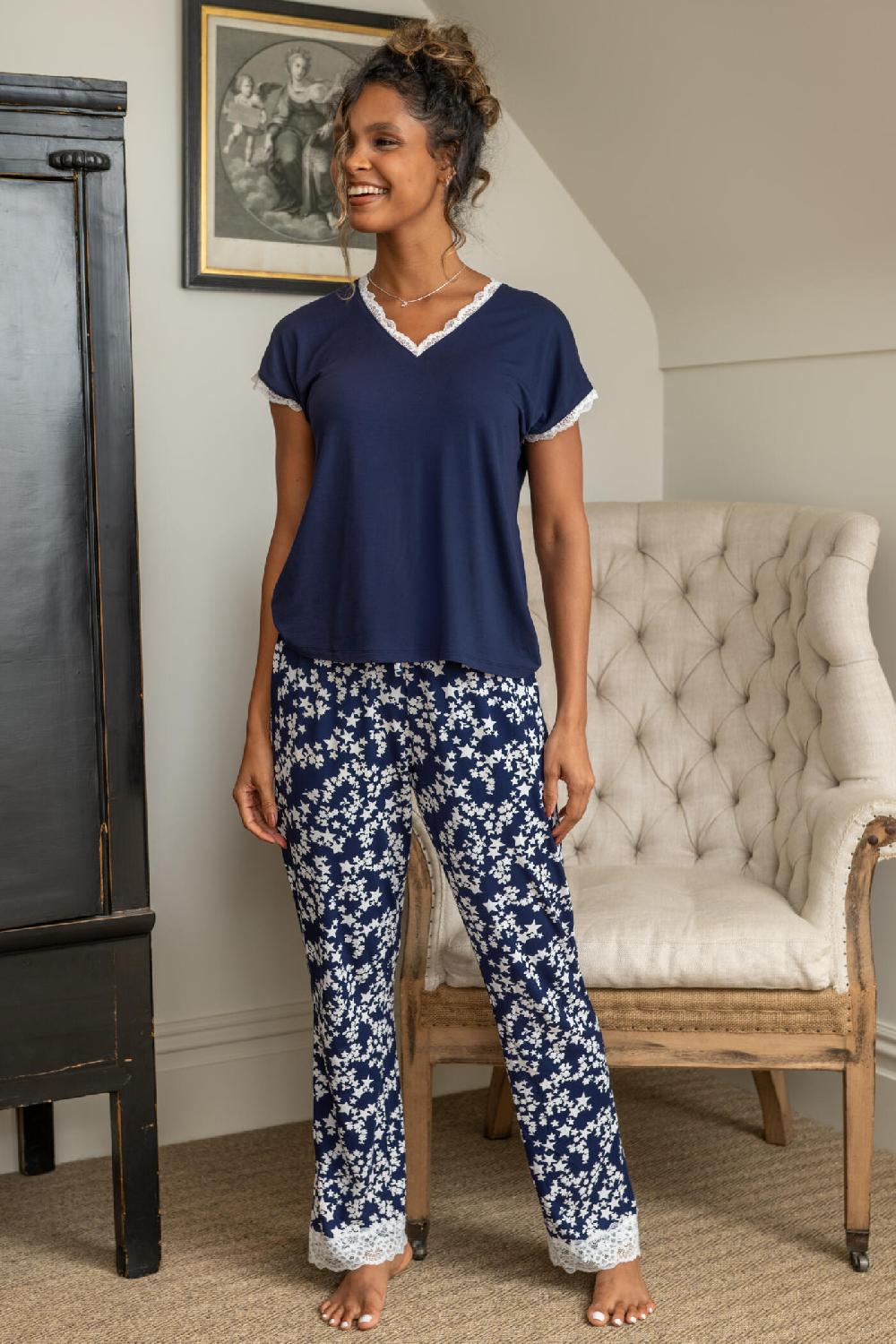 Pour Moi Sofa Loves Lace V-Neck T-Shirt And Trouser Pyjama Set - Navy/White