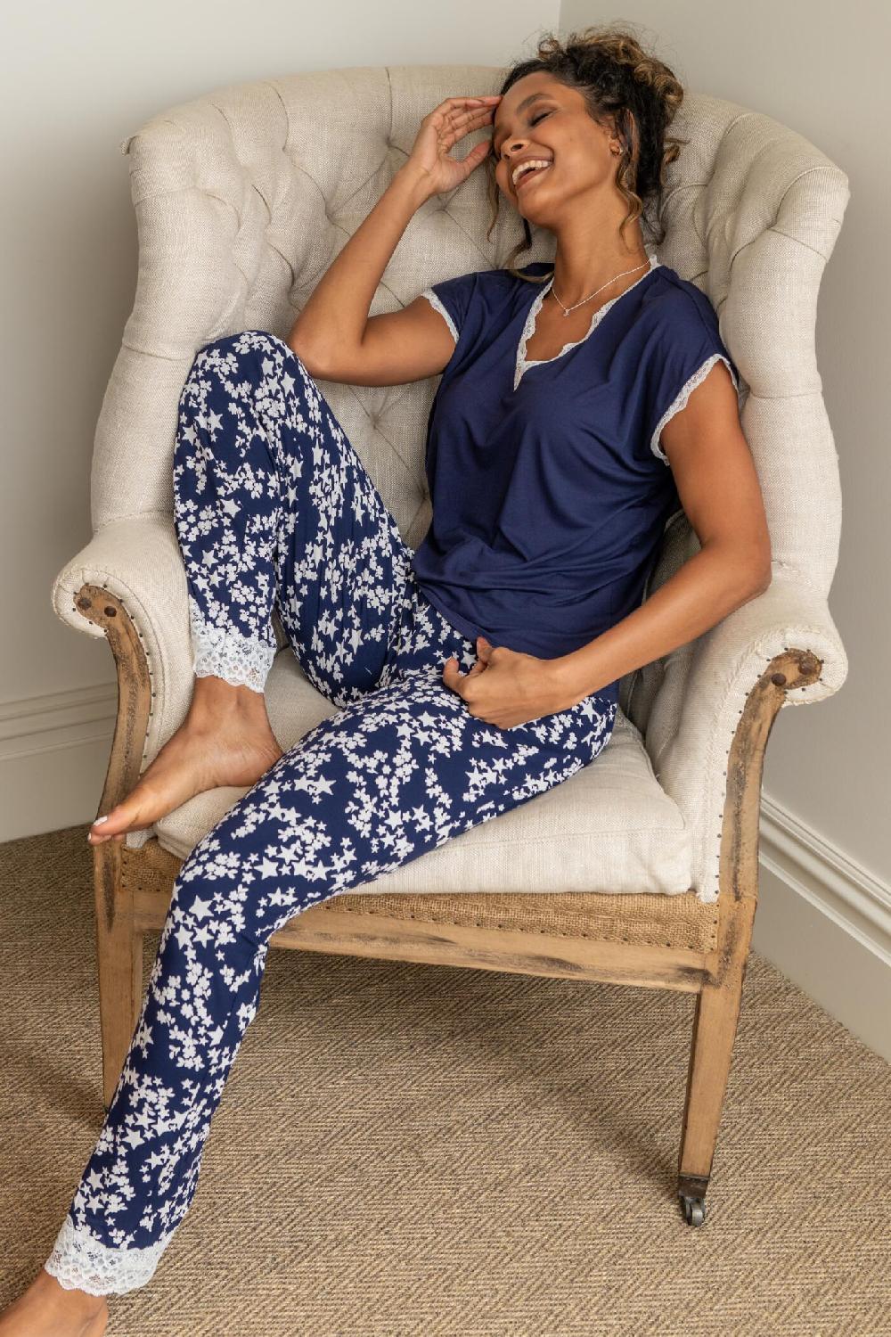 Pour Moi Sofa Loves Lace V-Neck T-Shirt And Trouser Pyjama Set - Navy/White