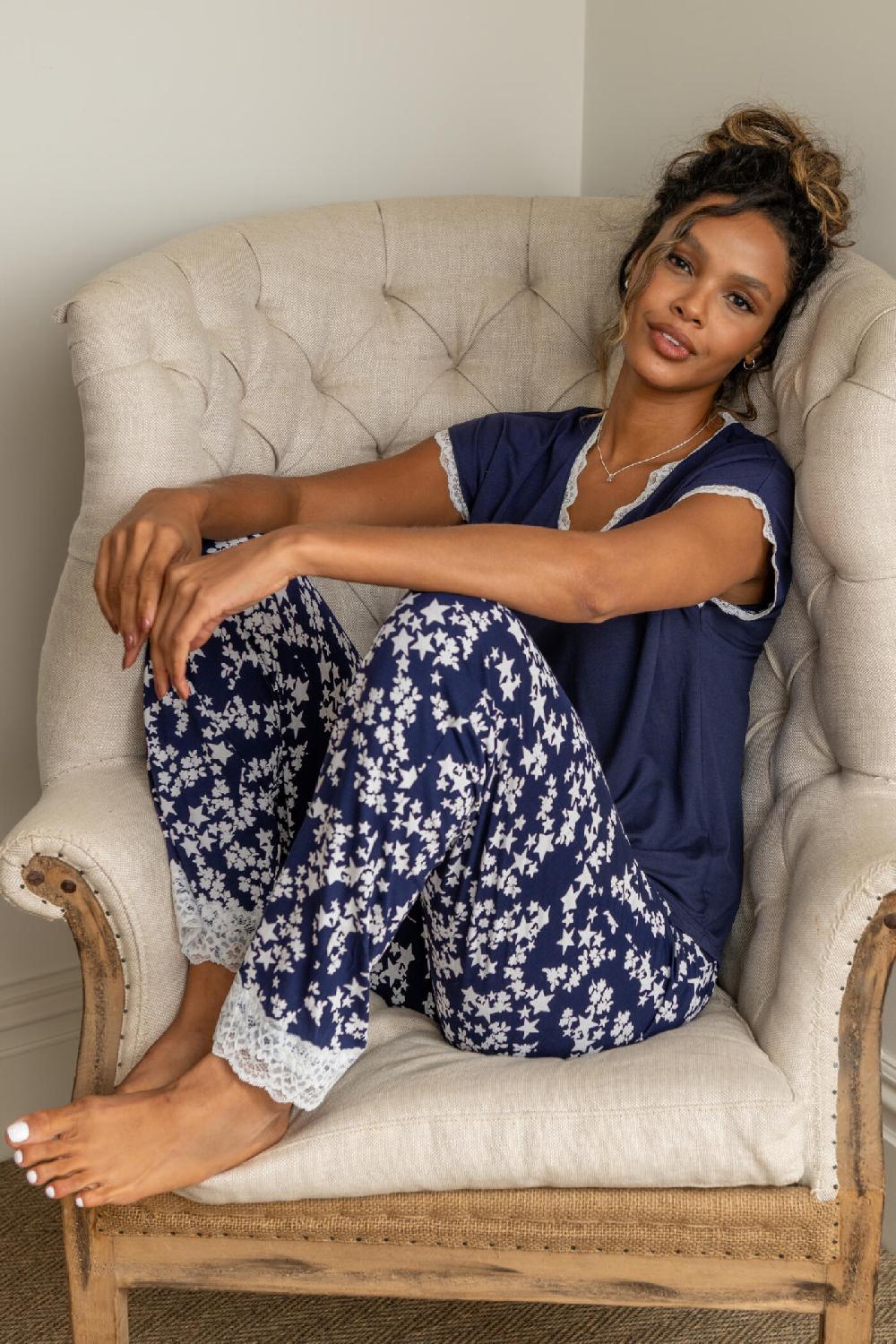Pour Moi Sofa Loves Lace V-Neck T-Shirt And Trouser Pyjama Set - Navy/White