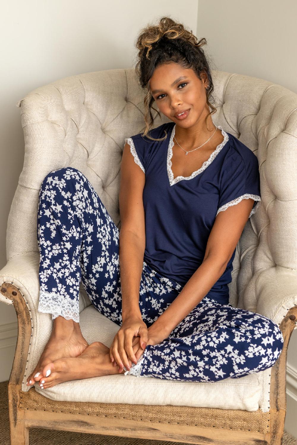 pour moi Sofa Loves Lace V-Neck T-Shirt and Trouser Pyjama Set - Navy/White