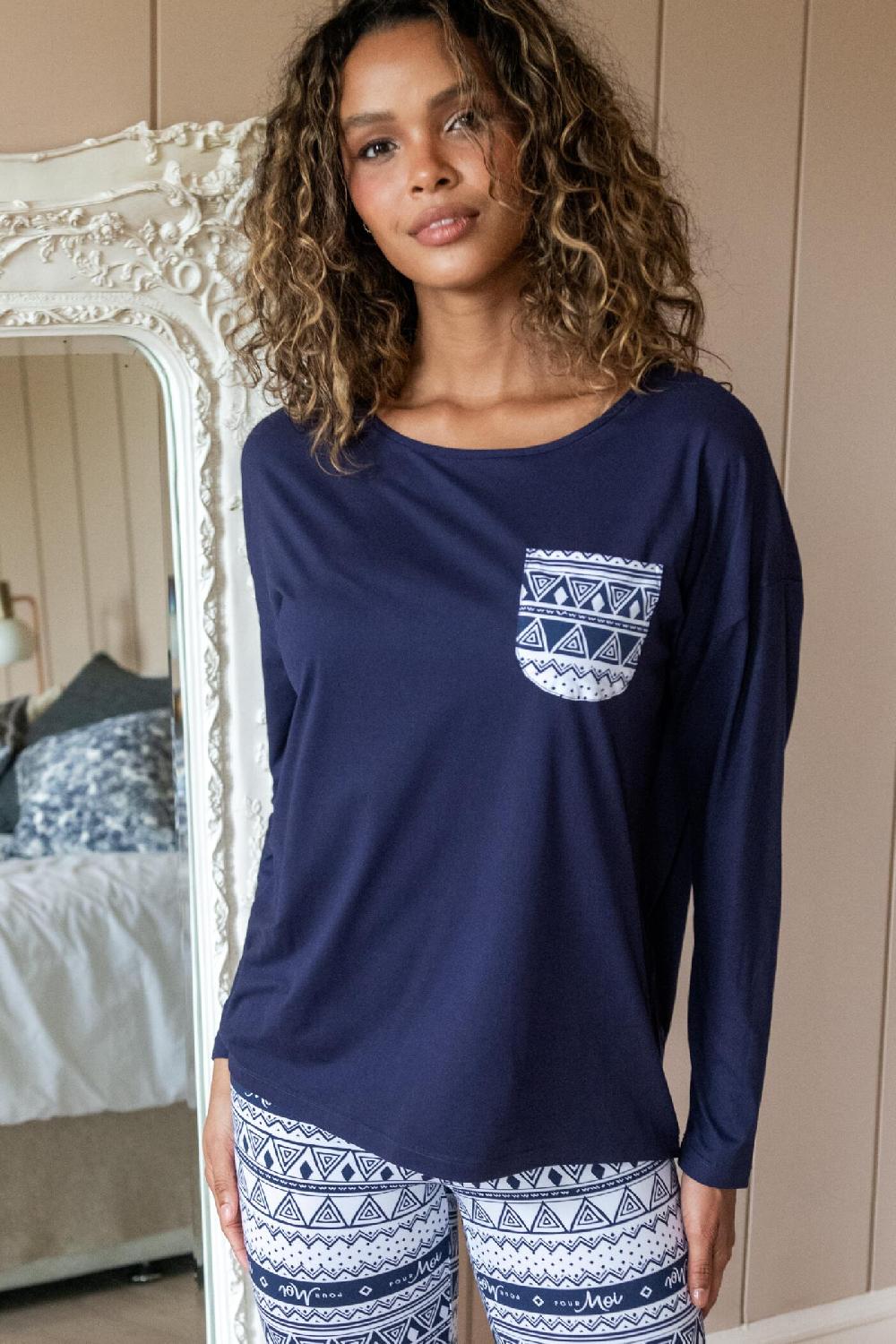 Pour Moi Soft Touch Jersey Festive Legging Pyjama Set - Navy/White