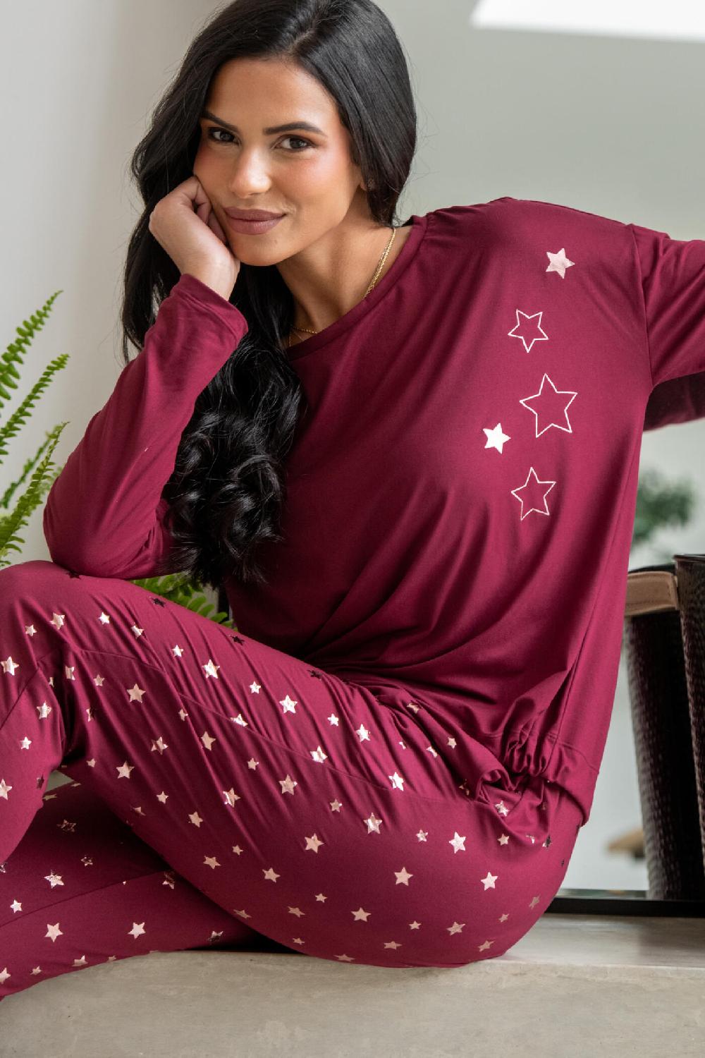 Pour Moi Soft Touch Jersey Star Jogger Pyjama Set - Berry/Rose Gold