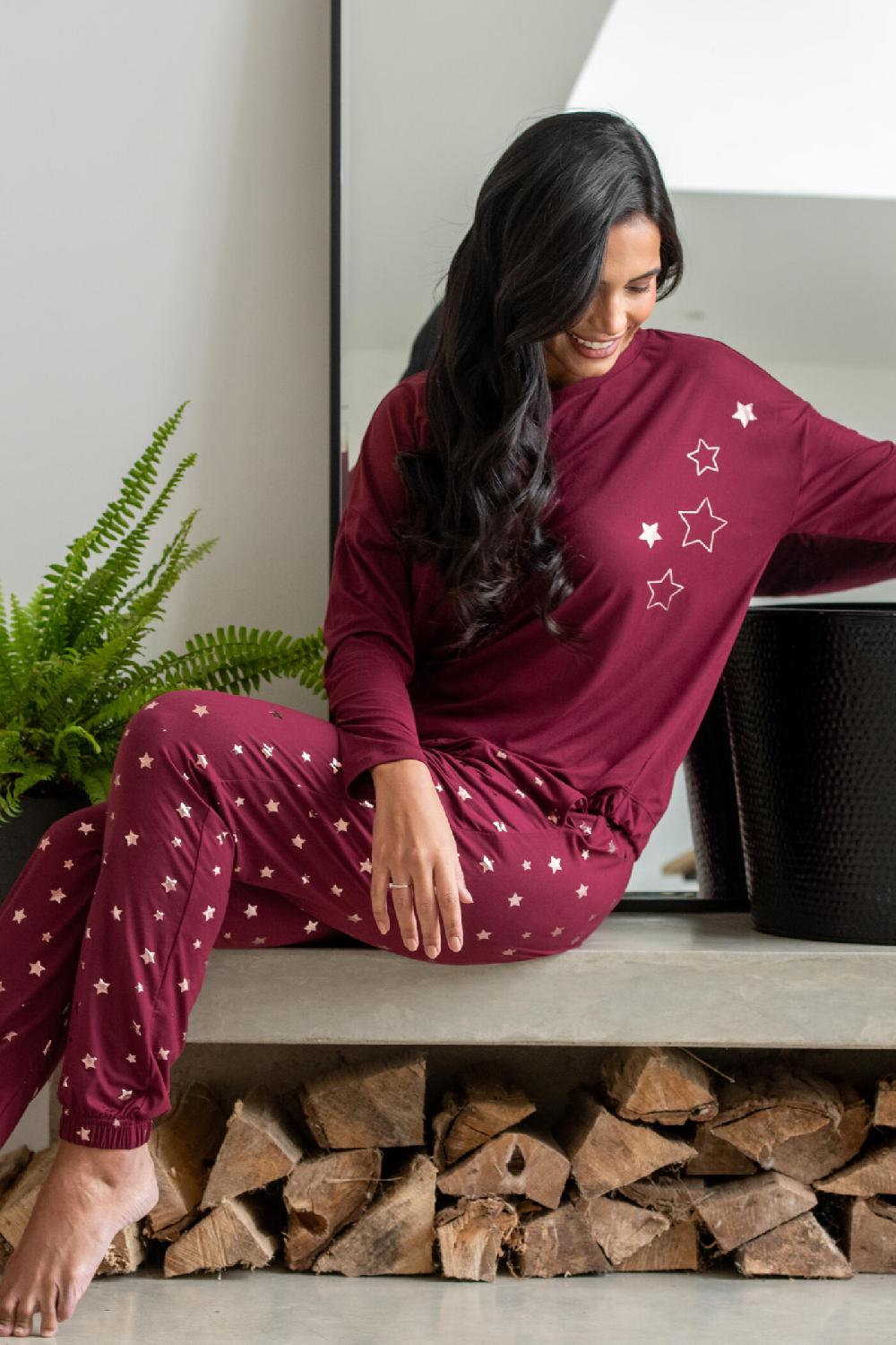 Pour Moi Soft Touch Jersey Star Jogger Pyjama Set - Berry/Rose Gold
