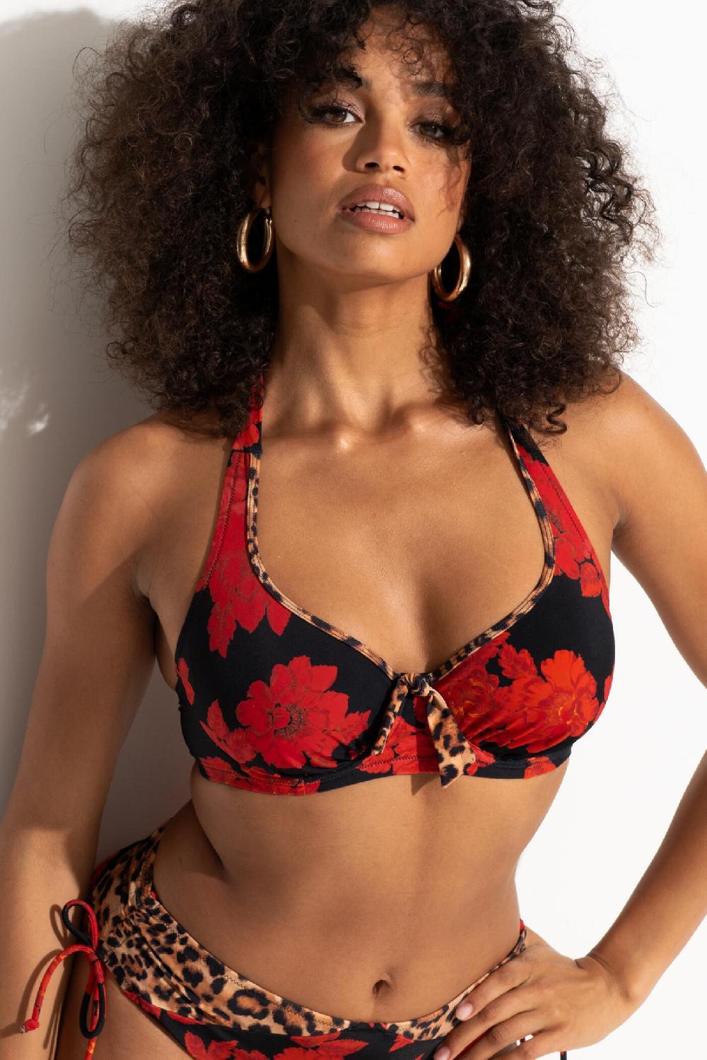 Pour Moi St Lucia Halter Underwired Non-Padded Top - Rose/Leopard