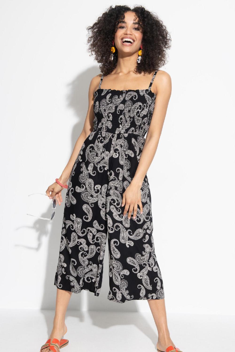 Pour Moi Strapless Shirred Bodice Crop Leg Beach Jumpsuit - Black Paisley