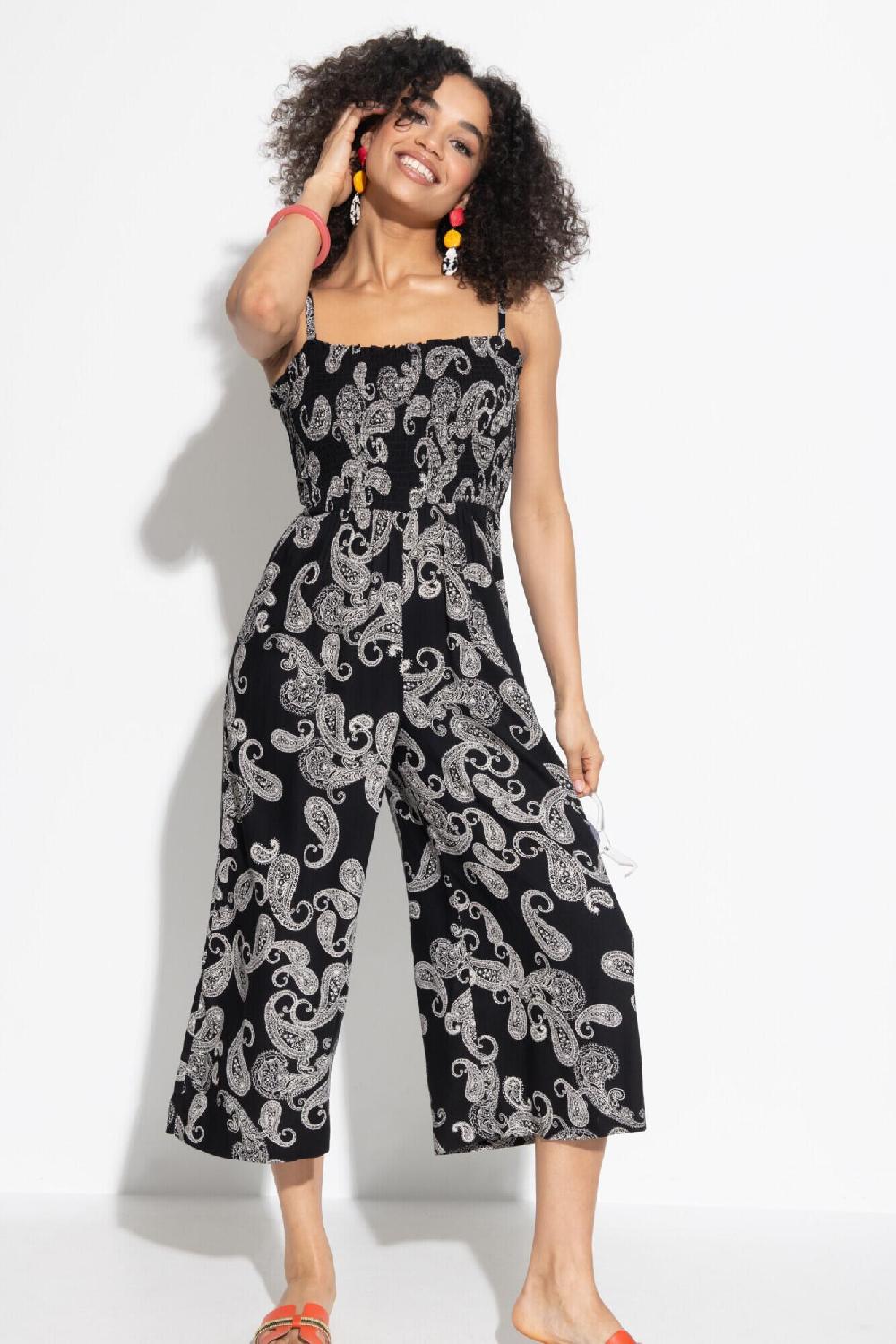Pour Moi Strapless Shirred Bodice Crop Leg Beach Jumpsuit - Black Paisley