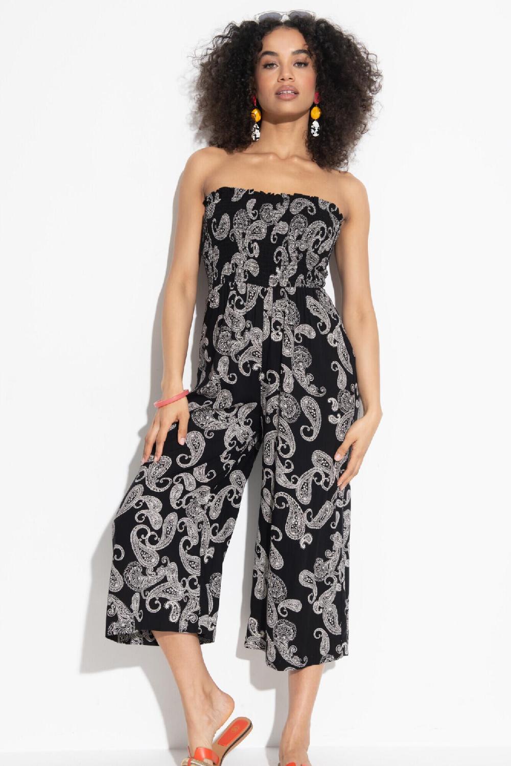pour moi Strapless Shirred Bodice Crop Leg Beach Jumpsuit - Black Paisley