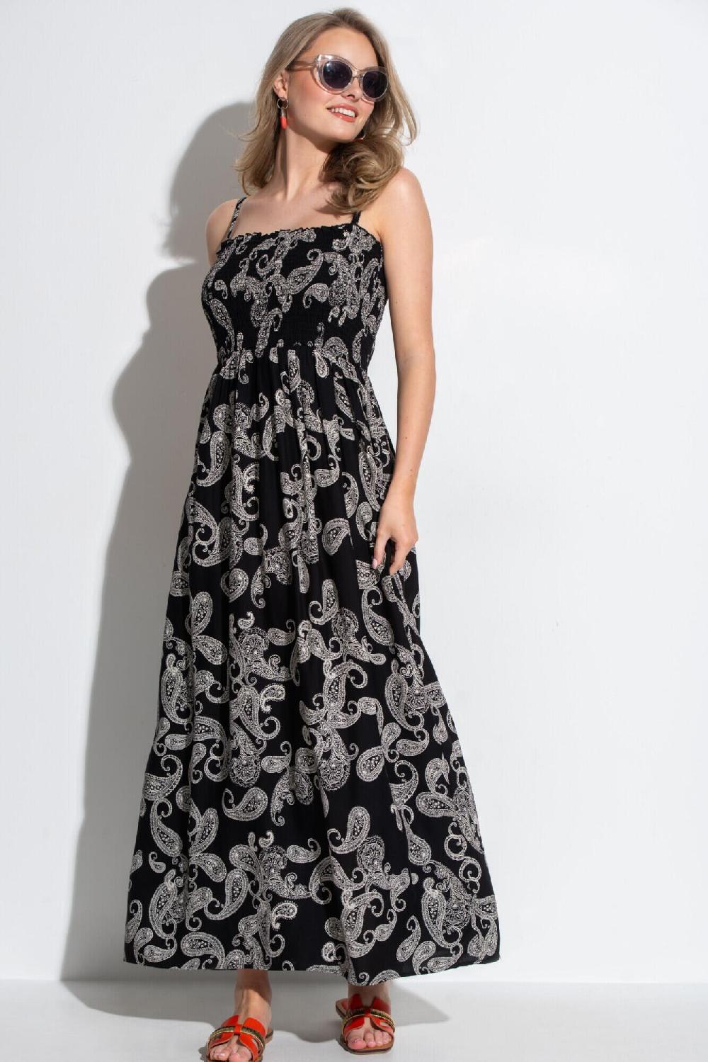 Pour Moi Strapless Shirred Bodice Maxi Beach Dress - Black Paisley