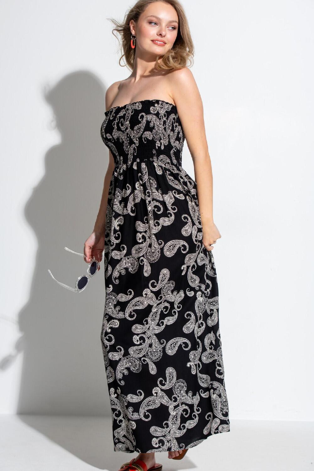 Pour Moi Strapless Shirred Bodice Maxi Beach Dress - Black Paisley