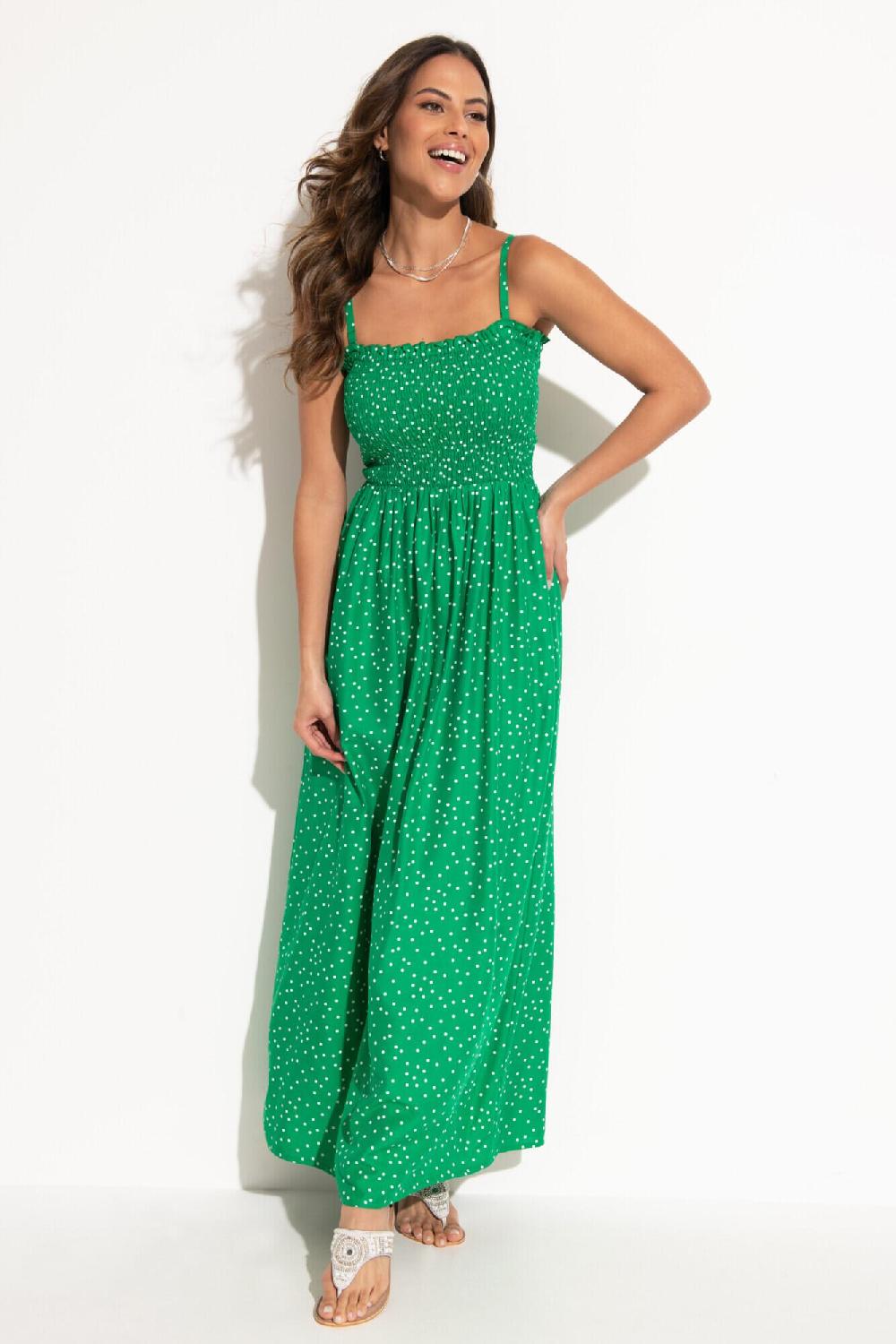 Pour Moi Strapless Shirred Bodice Maxi Beach Dress - Green Spot