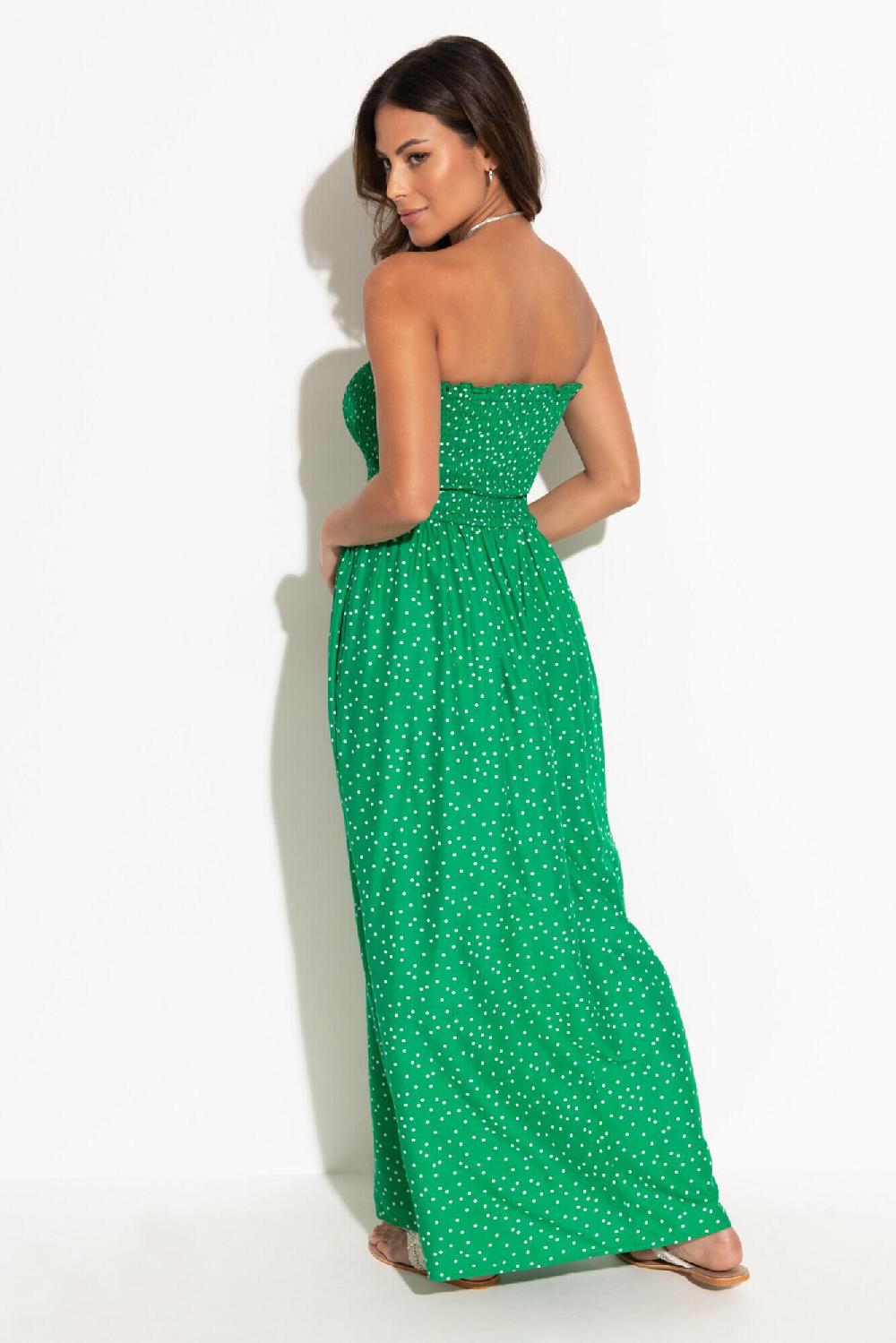 Pour Moi Strapless Shirred Bodice Maxi Beach Dress - Green Spot