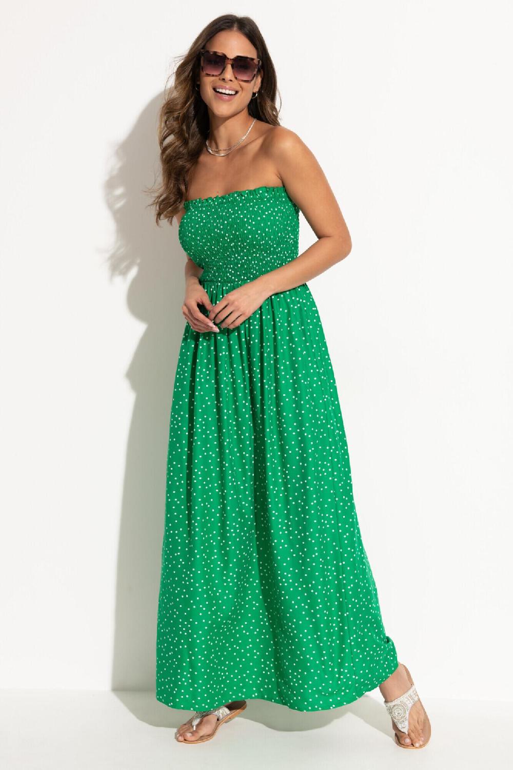 pour moi Strapless Shirred Bodice Maxi Beach Dress - Green Spot