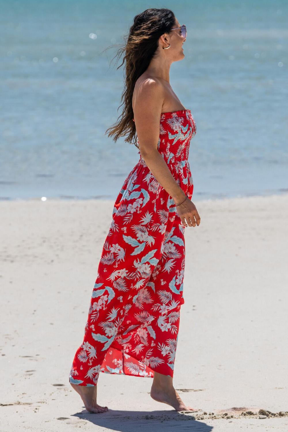 Pour Moi Strapless Shirred Bodice Maxi Beach Dress - Red Tropical