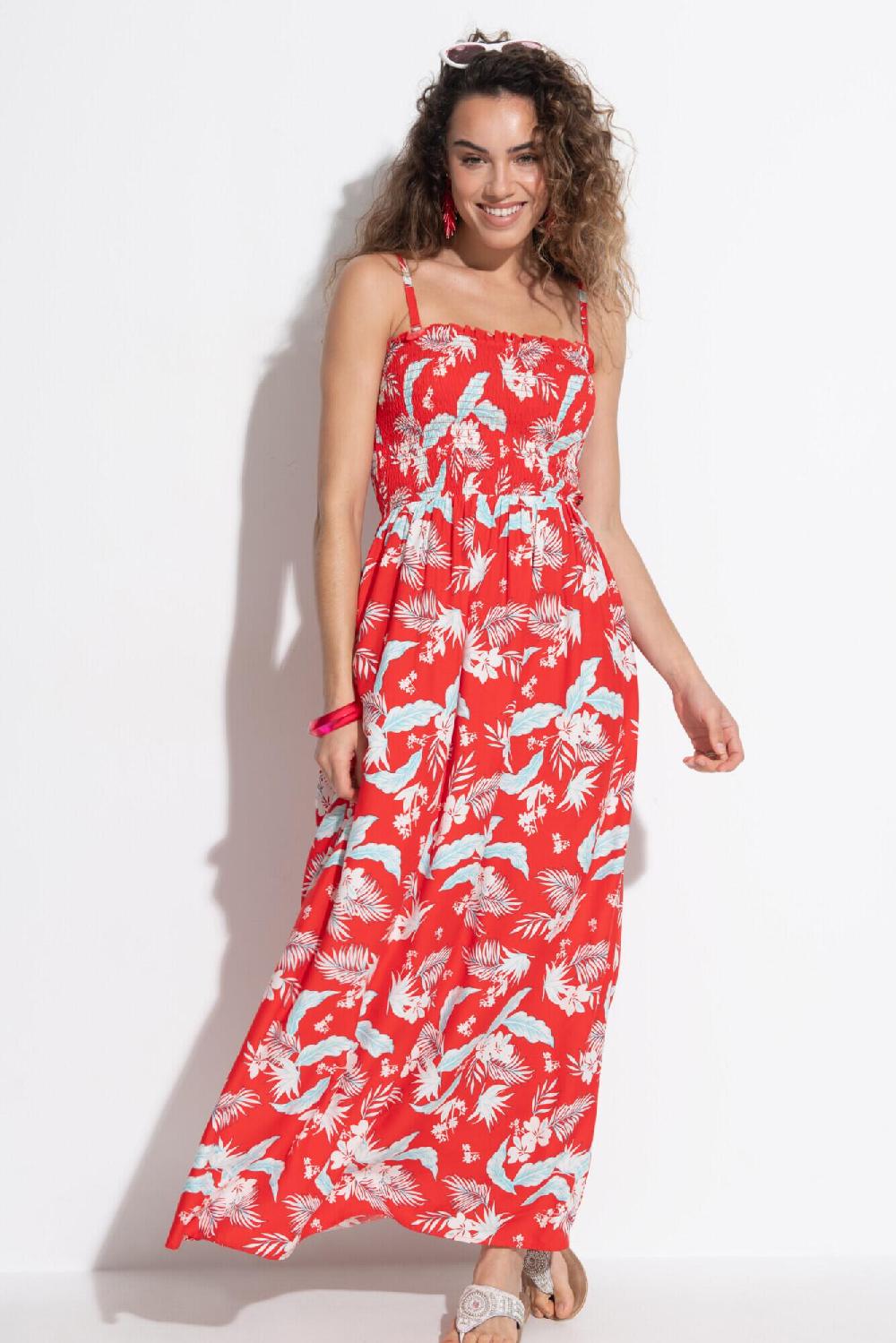 Pour Moi Strapless Shirred Bodice Maxi Beach Dress - Red Tropical